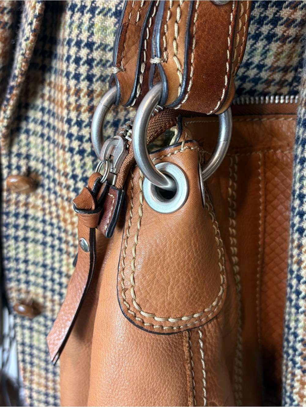 Fossil Chestnut Leather Shoulder Bag with Silver Hardware